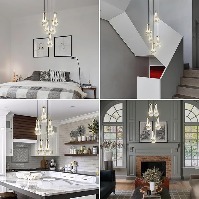 Gold 5 Light Cluster Pendant Lighting, Raindrop Chandeliers Brass Dining Room Lights Fixture, Teardrop Pendant Lights Kitchen Island, Hanging Lamp Ceiling for Entryway Foyer Staircase