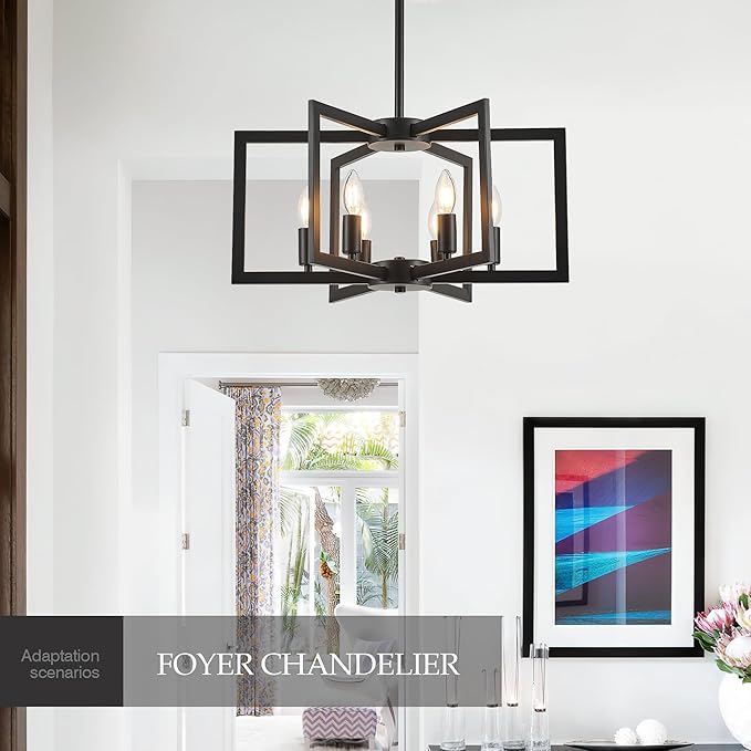 Modern Farmhouse Black Chandeliers for Dining Room, 6-Light Industrial Metal Chandeliers Geometric Pendant Lights Kitchen Island for Entryway Stairway Foyer Hallway