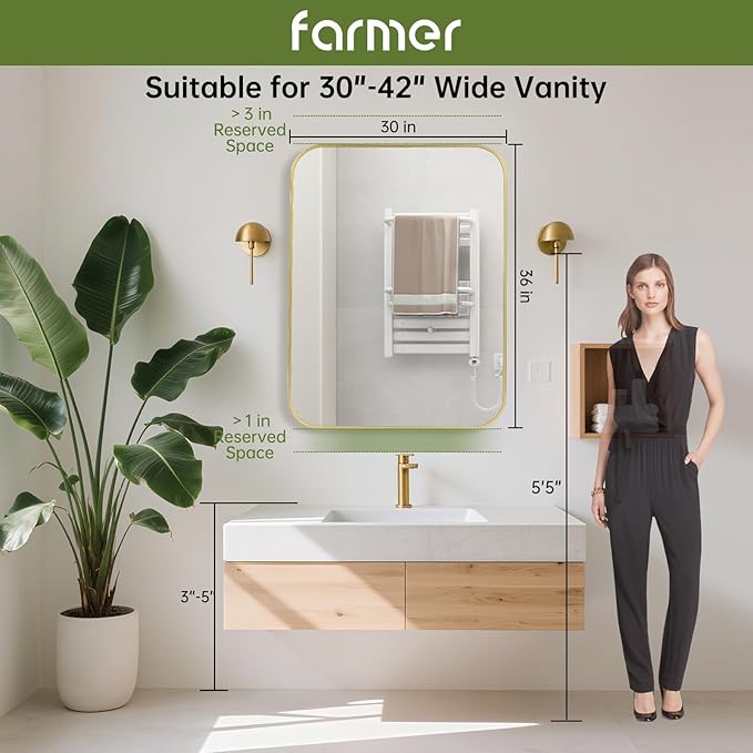 FARMER 30x36 Inch Gold Bathroom Mirror, Rectangle Vanity Mirror, Brushed Mirrors for Wall, Metal Frame Hanging Mirror with Round Corner for Bedrooms, Entryways, Living Rooms, Horizontal/Vertical