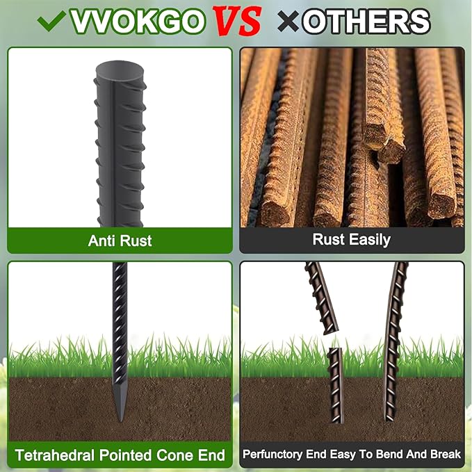 VVOKGO Rebar Stakes 48 Inch 16-Pack Concrete Form Stakes Heavy Duty Straight Ground Anchors, 3/8" Diameter Metal Steel Spikes with Chisel Point End for Plant Support, Garden Border,Landscape Edging