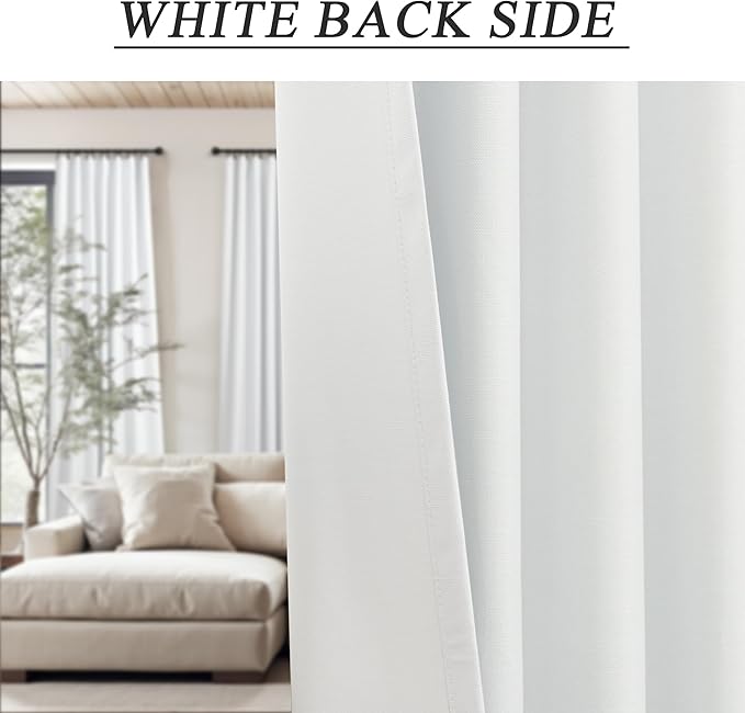 White Linen Blackout Curtains 108 Inches Long 2 Panel Burg for Sliding Glass Door Noise Reduction Thermal Summer Heat Blocking Floor to Ceiling Curtain for Bedroom Living Room Back Tab Pocket 9ft Tall