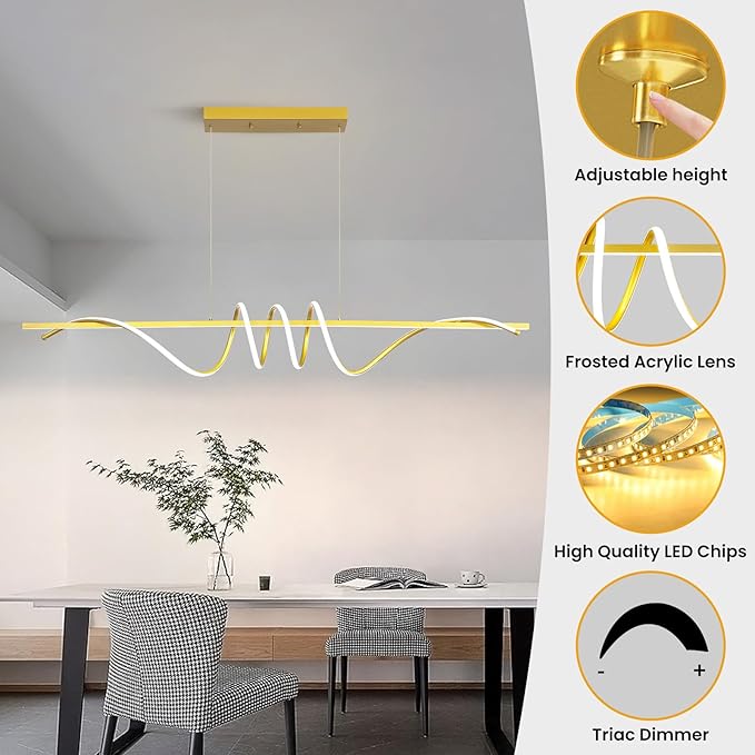 Modern Design Dimmable Desk Linear Pendant Light, with Remote Control Dimmable 3 Color Mode & Brightness Ceiling Lamp, Anti-Flicker Dining Light Fixture for Kitchen, Dining Room (Gold, 57IN)