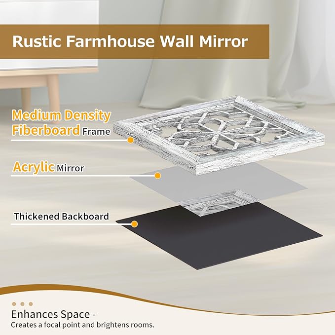 Boho Square Wall Mirrors Set of 2-12" x12'Decorative Mirrors for Wall Decor, BrownHandcrafted Mirror Panels Perfect for LivingRoom Bedroom Entryway Hallway (Grey)