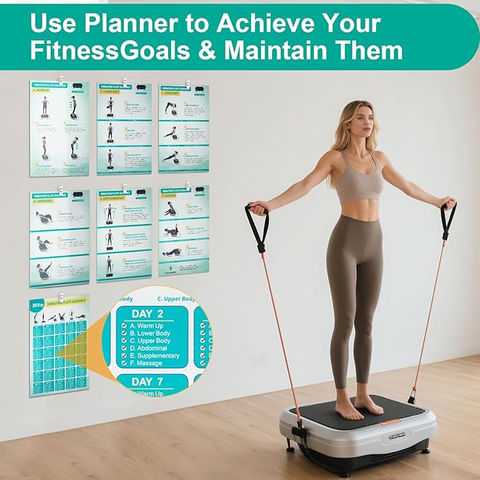 Vibration Plate Exercise Machine Poster - Upgraded 6 Workout Guidance & 10 Pcs Planner & 10 Pcs Double-Sided Clips, Comprehensive Whole Body Wave Vibrating Workout Chart, Pink