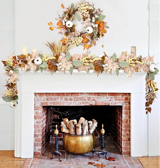 DearHouse Fall Garland Maple Leaf, 5.9Ft Hanging Vine Garland White with Pumpkins and Berries Thanksgiving Decor for Home Wedding Fireplace Party Christmas (White&Brown)