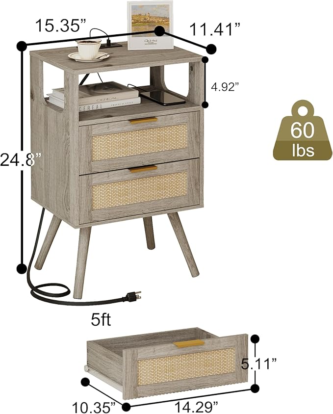 Rattan Nightstand with Charging Station,Modern Bedside Table with 2 Storage Drawer and Open Wood Shelf, for Bedroom and Small Spaces,Night Stand with Solid Wood Legs (Grey Oak)