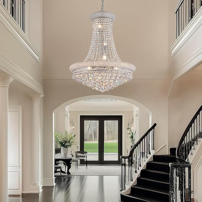 Modern Crystal Chandeliers Foryer Chandelier for High Ceilings, 11-Lights Silver Empire Crystal Chandeliers for Living Dining Room Entryway Hallway(D23.6)