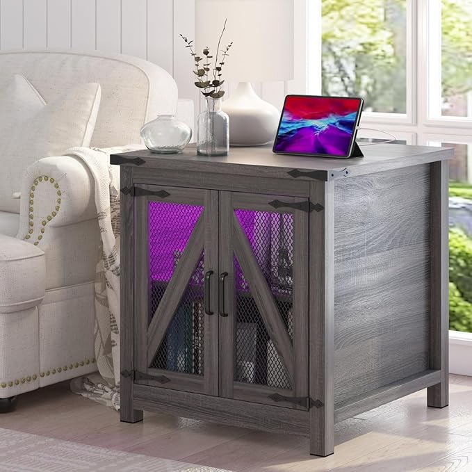 Farmhouse End Table, 24" Large Sofa Side Table with Charging Station, Mesh Barn Door, and Adjustable Storage Shelf, Rustic Wood Square Nightstand for Living Room, Bedroom, Office, Grey