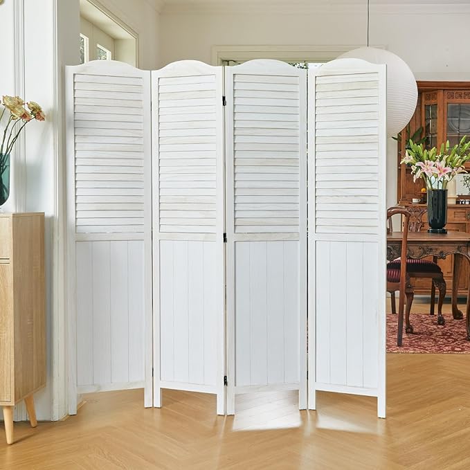 Room Partitions and Dividers, 68.9 Inch Temporary Wall with Double Hinges, Wooden Louver & MDF Stable Screens for Home Office Bedroom Coffeehouse Decoration (4 Panels, White-Washed)