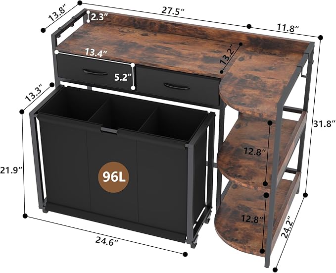 L Shaped Laundry Hamper Laundry Basket with 3 Section Pull-Out Rolling Bags & 3-Tier Storage Shelf, Laundry Sorter for Organization and Storage with 2 Drawers for Laundry Room