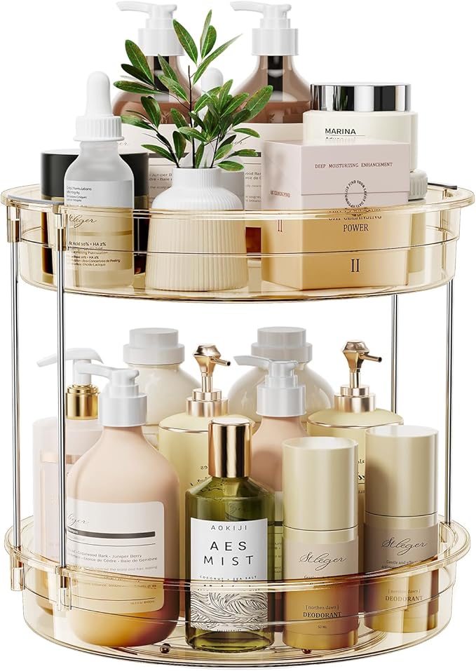 LAMU 12inch 2 Tier Lazy Susan Turntable Organizer Rotating Spice Rack Organization for Cabinet, Kitchen, Pantry, Countertop, Bathroom, Vanity, Medicine Cabinet Organizer, Amber