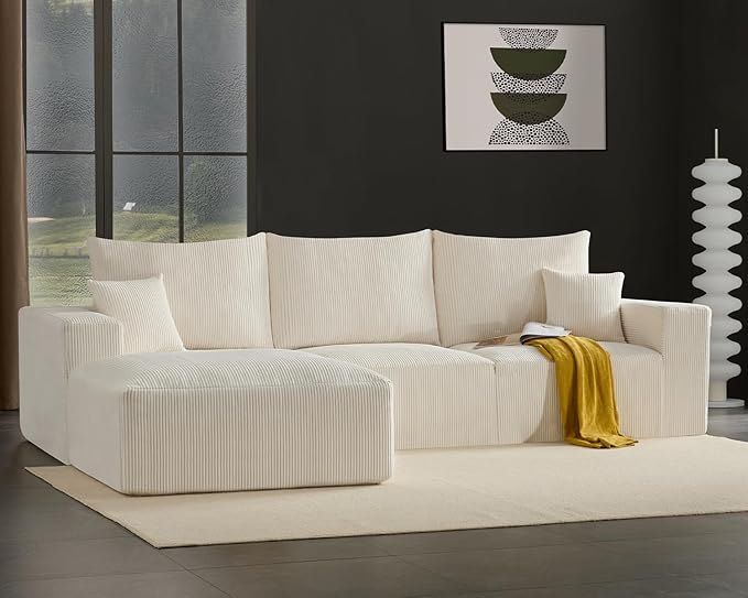 Boneless Sectional Cloud Couch Sofa for Living Room, 112" L-Shaped Modular Modern Lounge Sleeper Beige Couches with Chaise, No Assemble, Cordury Compression Upholstered Sofas