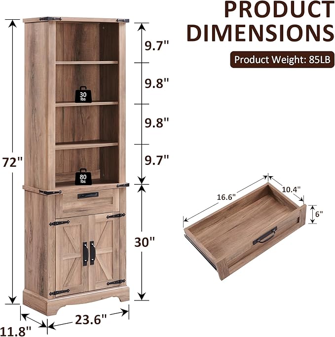 OKD 72'' Tall Bookshelf with Storage, Farmhouse 4 Tier Bookcase with Barn Door, Adjustable Shelves and Drawers, Rustic Wooden Office Bookshelves for Home Bedroom, Living Room, Library (Natural Oak)