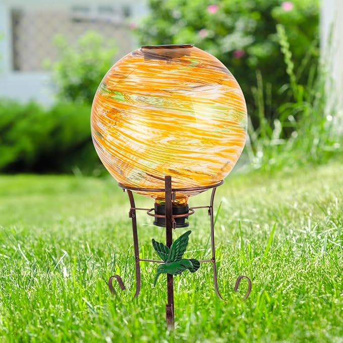 10" Diameter Solar Gazing Ball and 8.5" Metal Stand Indoor Outdoor Garden Ornament Glass Globe Sphere Yard Art Gazing Globe for Garden,Home,Lawn,Porch,Patio Birthday Gift for Women(Orange)