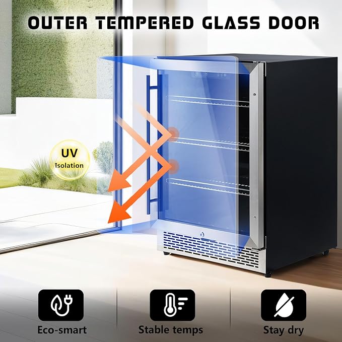 Albott Beverage Refrigerator-24 In fridge with Glass Door, Adjustable Shelves and LED Touch Panel, Under Counter Design for Wine Beer, Built-In or Freestanding Use, 34-64℉