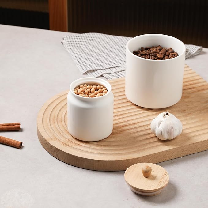 Sweejar Ceramic Kitchen Canisters, Porcelain Food Storage Jar with Airtight Seal Wooden Lid, Home Container Serving for Coffee Beans, Tea-leave, Sugar, Salt and More (White, XS(6.8 FLOZ))