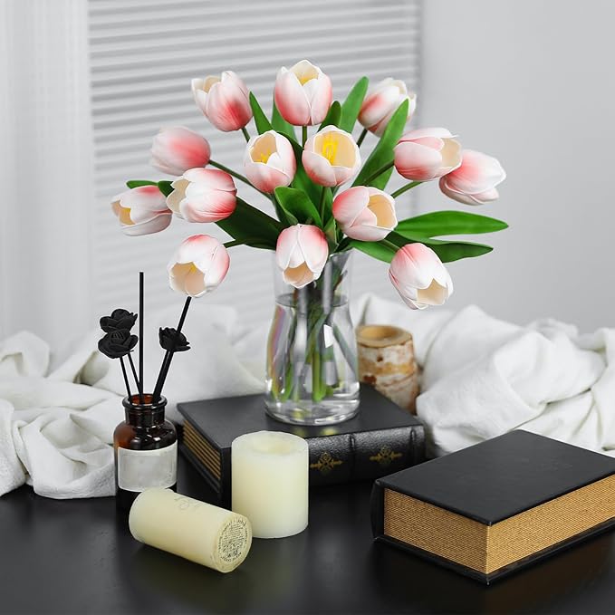 Light Pink Artificial Tulips, 2 Bundles 14Pcs, Fake Tulips Artificial Flowers, 2 x 2.4 Inch Large Flower Head Big Tulip, Easter Valentine's Day Mother's Day Home Decoration Flowers