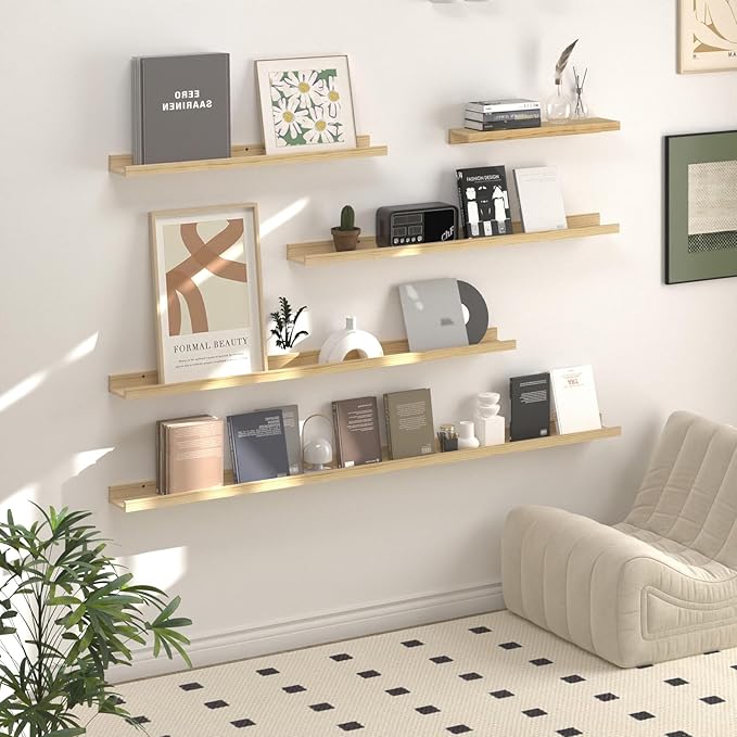 SAUMONIERES Picture Ledge Shelf Floating Book Shelves Set of 2 Wall Mounted Solid Wood for Bedroom Bathroom Living Room Kitchen, 24 Inch Natural