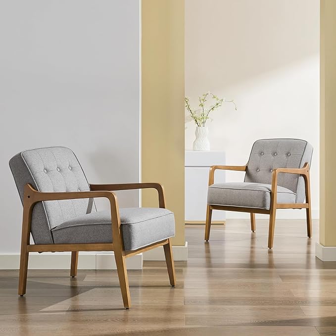 Linen Accent Chair Set of 2, Mid Century Modern Chair for Living Room, Upholstered Comfy Lounge Armchair with Solid Wood Frame, Reading Side Chair for Bedroom,105°Ergonomic Comfort, Grey