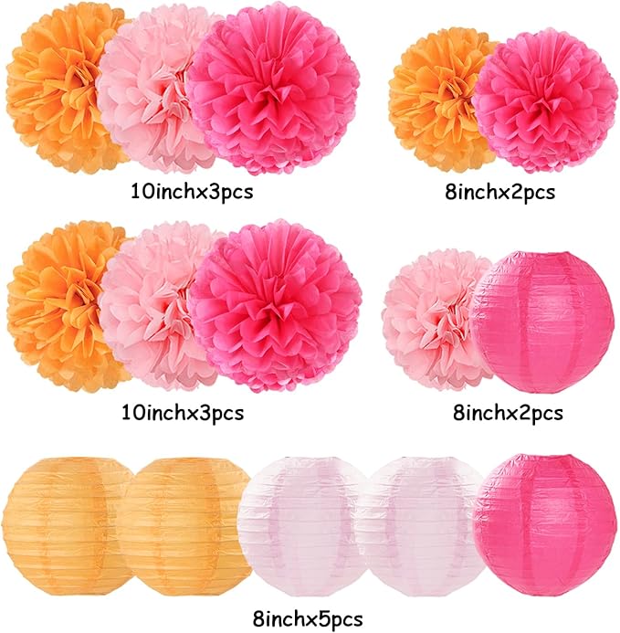 Pink-Orange Party-Decorations Paper-Flowers Lanterns - 15PCS Fall Wedding Birthday Tissue Pom Poms Streamers, Boho Baby Bridal Shower Graduation Sunset Hanging Supplies Decor Hugfond