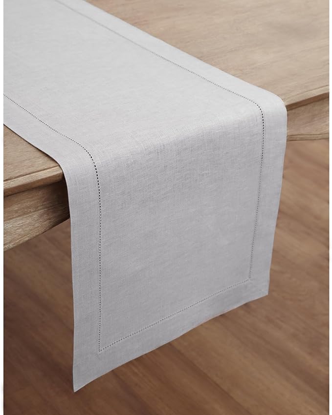 Solino Home Linen Soft Grey Table Runner 108 Inches Long - 100% Pure Linen 14 x 108 Inch Table Runner for Fall, Autumn, Thanksgiving - Classic Hemstitch
