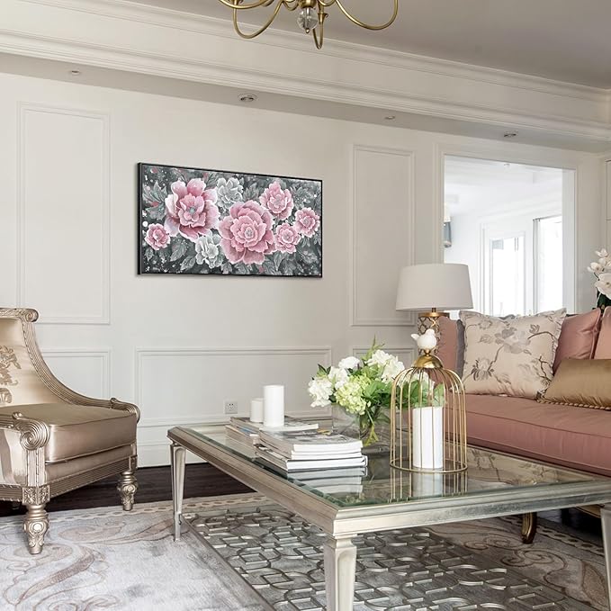 Large Pink Wall Art for Living Room- Pink and Black Peony Floral Canvas Wall Art Modern Framed Moody Black and White Wall Picture Flower Artwork Decor for Bedroom Dining Room Office 48x24