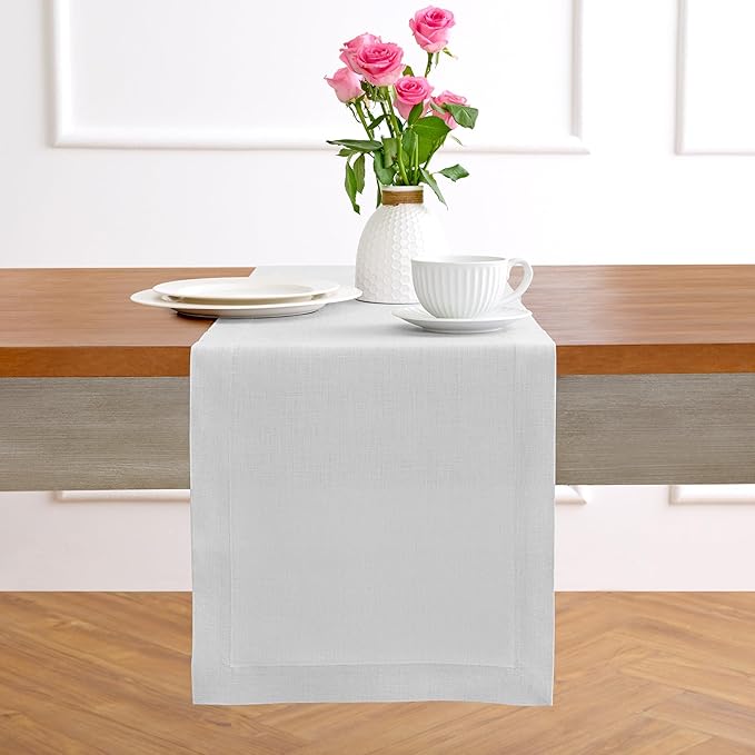 Solino Home Linen Table Runner 48 Inches - 100% Pure Linen Silver Cloud Table Runner 14 x 48 Inch Ideal for Dresser and Coffee Tables - Fall, Autumn, Thanksgiving - Fete