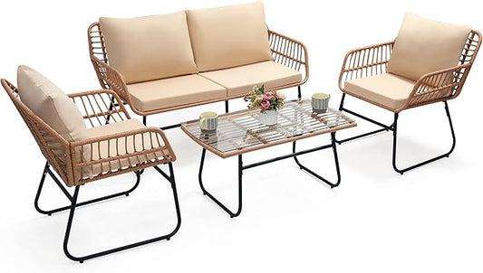 Kromax 4 Piece Patio Bistro Outdoor Furniture Set, Wicker Sofa, 2 Rattan Chairs, and Table, Backyard Conversation Set, All Weather Cushions, Natural Rattan Beige Cushion