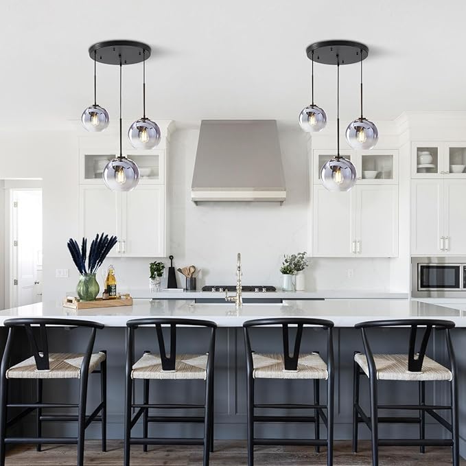 KCO Lighting Modern 3-Light Hanging Light Fixture Silver Gradient Glass Globe Pendant Ceiling Lighting with Adjustable Cord Mid Century Hanging Chandelier Light Fixture for Kitchen Island Bedroom…