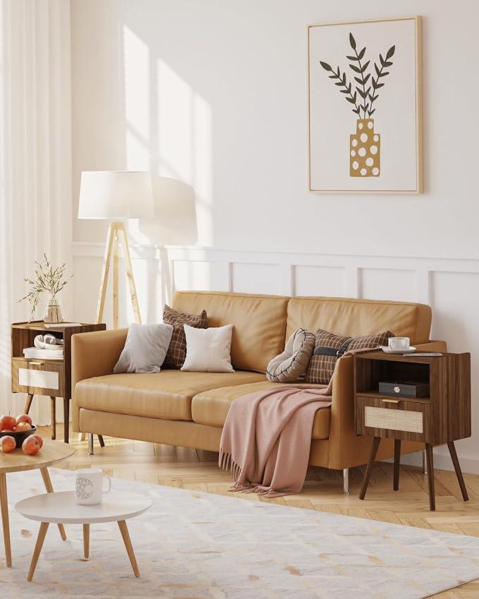 Rattan Nightstand,Modern Bedside Table with Storage Drawer and Open Wood Shelf, for Living Room, Bedroom and Small Spaces, Accent Night Stand with Solid Wood Legs, Easy Assembly,Walnut Brown