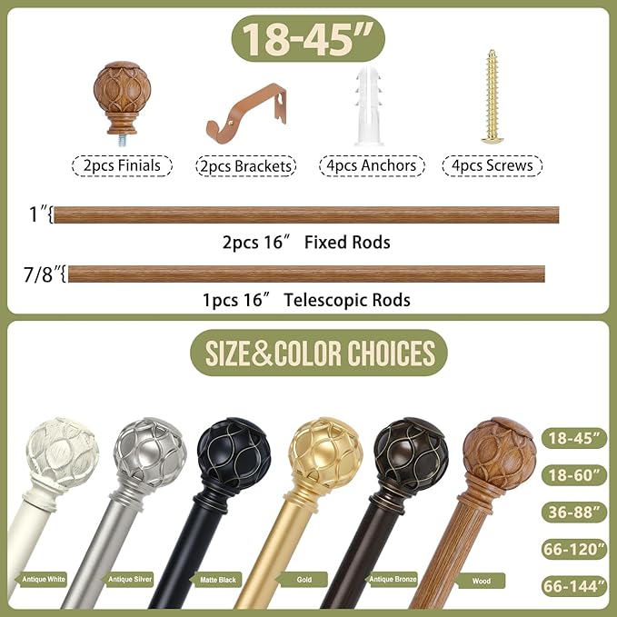 Wood Curtain Rods for Windows 28 to 48 Inch(2.3-4Ft),1 Inch Adjustable Curtain Rod,Heavy Duty Curtain Rods,Wooden Netted Texture Finial Drapery Rods,Single Window Curtain Rod 18-45",Brown Wood