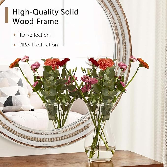 24 Inch Round Mirror - Distressed Vintage Farmhouse Mirror for Bathroom Wall, Living Room, Bedroom & Entryway, Handmade Wood Frame