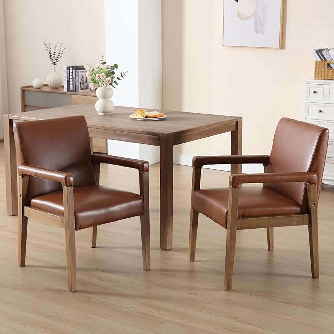 Kmax Modern Dining Chairs Set of 2 Faux Leather Kitchen Arm Chairs Upholstered Accent Chairs with Wooden Legs for Dining Room, Living Room, Bedroom, Brown