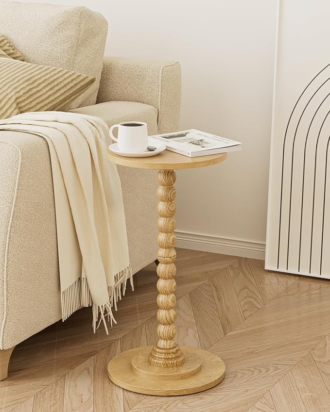 Masupu Round Side Table, Small End Table for Small Spaces, Pedestal Drink Table with Solid Wood Leg for Living Room, Bedroom, Corners(Natural)