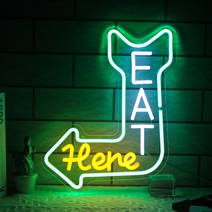 Eat Here Neon Sign Kitchen Neon Signs for Wall Decor with Arrow Guidance Green Orange White Eat Dimmable LED Sign Diner Neon Signs for Wall Bar Restaurant Kitchen Man Cave Decor