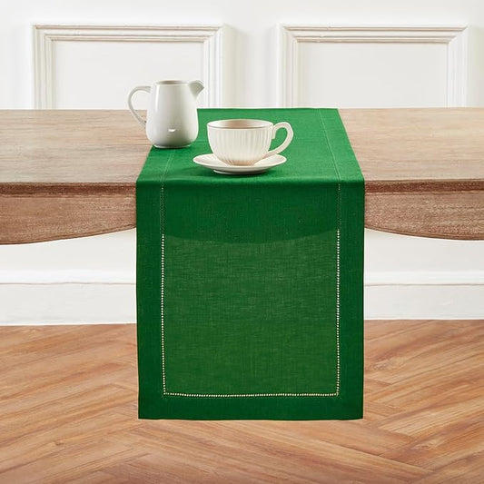 Solino Home Linen Garden Green Table Runner 108 Inches Long - 100% Pure Linen Hemstitch 14 x 108 Inch Table Runner for Dining - Classic Hemstitch