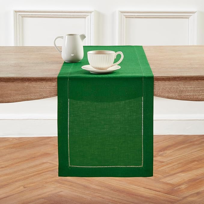 Solino Home Linen Table Runner 36 Inches - 100% Pure Linen Garden Green Hemstitch Table Runner 14 x 36 Inch Ideal for Dresser and Coffee Tables - Classic Hemstitch