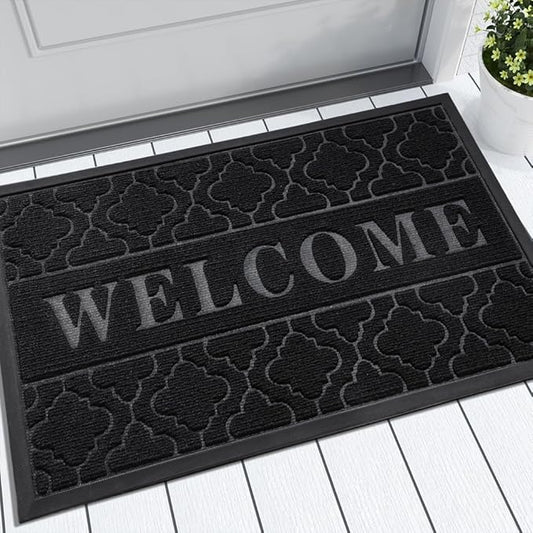 Yimobra Welcome Mat Outdoor Indoor, All-Season Waterproof Front Door Mat Outside Entrance, All-Weather Heavy Duty Non-Slip Doormat, Low Profile Porch Patio Entrance Mats, 47x32, Black