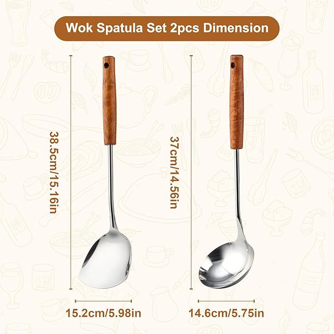 FJNATINH Wok Spatula and Ladle Tool Set - Stainless Steel Wok Tools,Wok Utensil,Mirror Polished Stainless Steel Cooking Utensils 14.6-15.2" Kitchen Utensils Cookware, Pack of 2