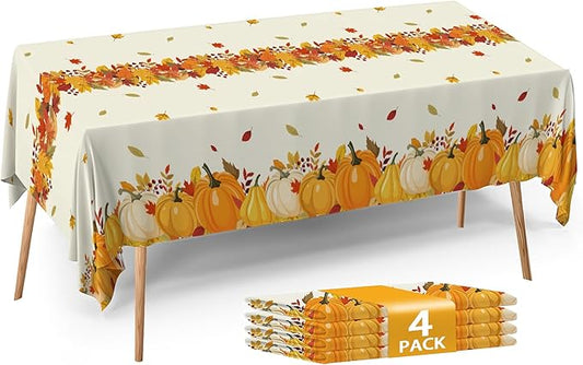 ATFUNSHOP Fall Plastic Tablecloth 4 Packs Thanksgiving Disposable Table Cloth 54x108 Rectangle Table Cover with Pumpkin & Maple Leaf for Holiday Dinner Party Decorations Outdoor Picnic & Baby Showers