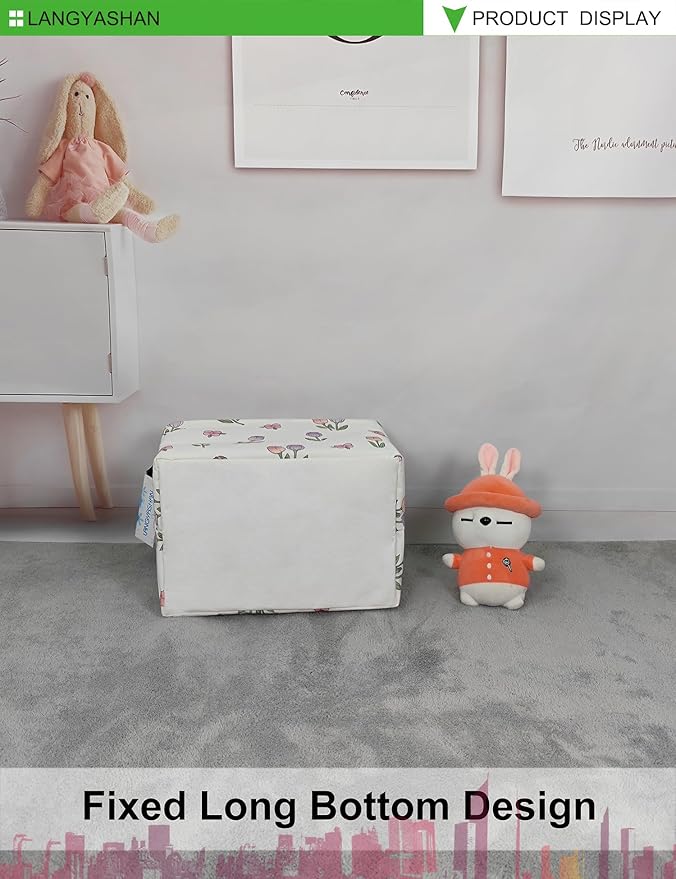 LANGYASHAN Rectangular Storage Bin Collapse Canvas Fabric Cartoon Storage Basket with Handles for Organizing Home Kitchen Boys and Girls Toys Office Closet Shelf Baskets (Rec Romantic Tulip)