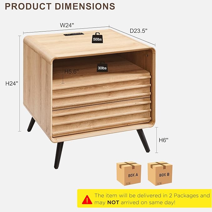 RedLemon 24" Nightstand Set of 2 with Charger Station, Mid Century Modern Fluted End Table with 2 Drawers, Wooden Side Table with Open Cubby Storage for Living Room, Bedroom, Office(Natural Oak)