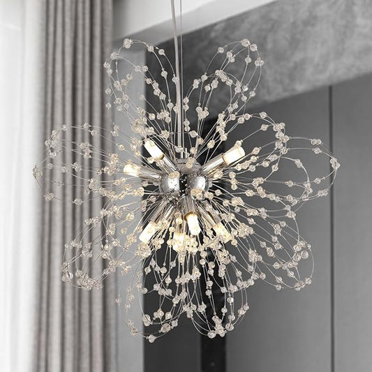 Modern Small Chandeliers, Sputnik Sunflower Crystal Beaded Hanging Lamps, Round Chrome Dandelion Pendant Light for Kitchen Island Bathroom Bedroom Entryway (Chrome 8Lights)