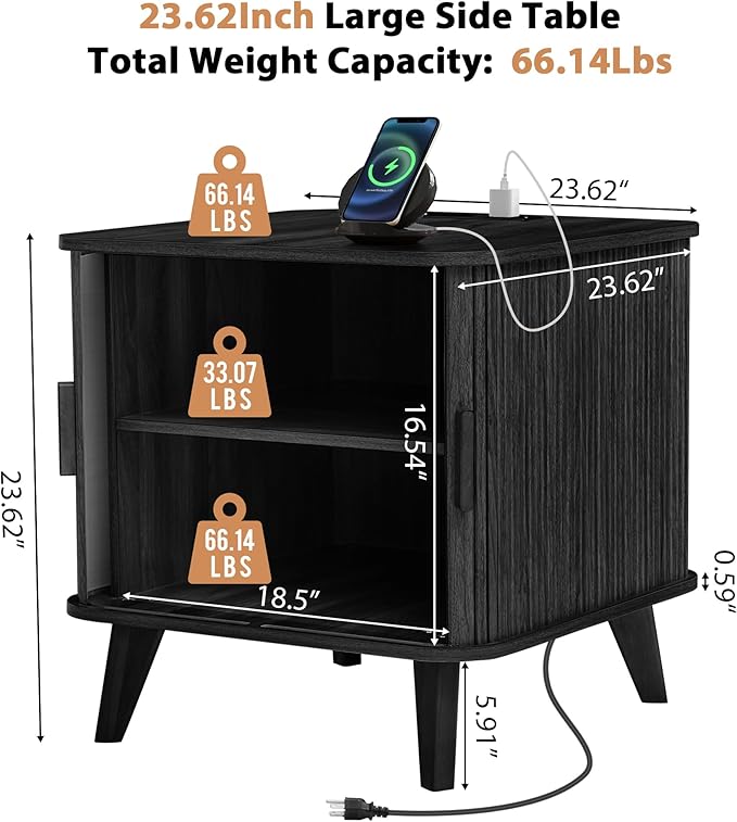 Farmhouse Square End Table with Charging Station, 24" Large Fluted Sofa Side Table with Sliding Tambour Door and Storage, Rustic Curved Wood Nightstand for Living Room, Bedroom, Black
