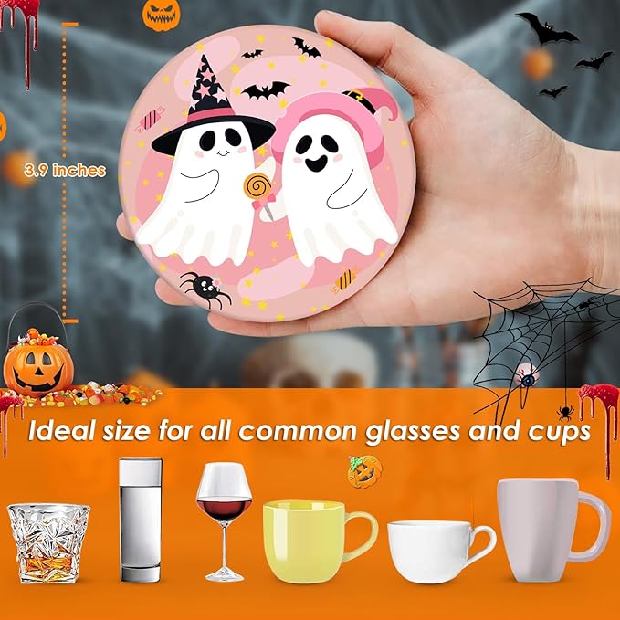 Coaster for Drinks Set of 6, Happy Halloween Cute Ghost Groovy Pink Absorbent Round Ceramic Stone Mat, with Cork Base and Metal Holder, Gift for Housewarming Room Bar Decor