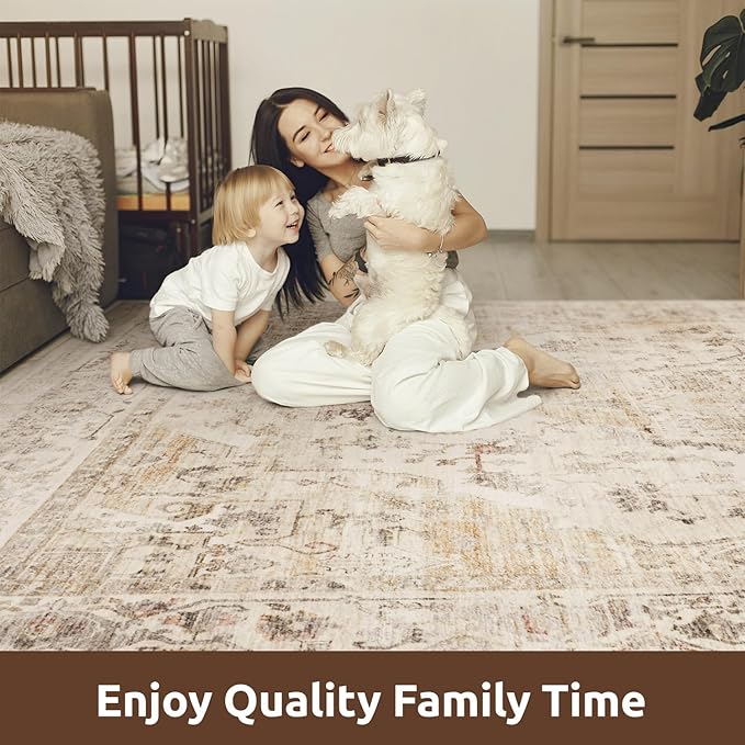 AMOAMI-Area Rug 5X7 Rugs for Living Room-Vintage Soft Beige Rugs for Bedroom-Non Slip Carpet-Machine Washable Rug for Dining Room Living Room Bedroom Office Under Table-Beige