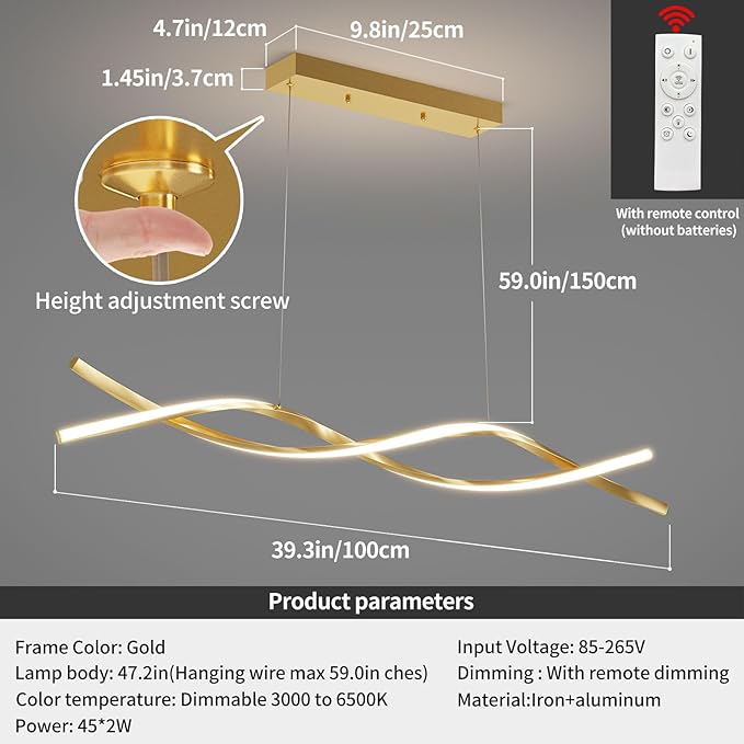 Modern Ceiling Pendant Light, with Remote Control Dimmable 3 Color Mode & Brightness Ceiling Lamp, Anti-Flicker Dining Light Fixture for Kitchen, Dining Room (Gold, 39IN)