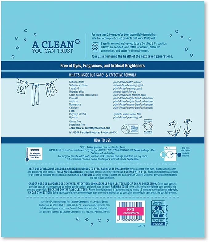 Natural Laundry Detergent Packs, Powder, Unscented, 45 Packets/Pack, 8/Carton