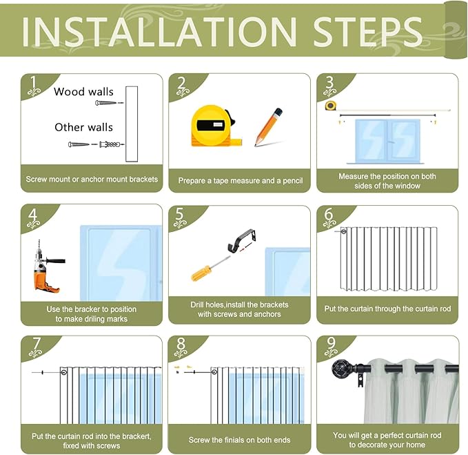 Black Adjustable Curtain Rods for Windows:Farmhouse Heavy Duty Curtain Rod for Bedroom Living Room,Boho Decorative Rustic Drapery Rods with Vintage Coastal Finials,Matte Black 2 Pack 18-45"