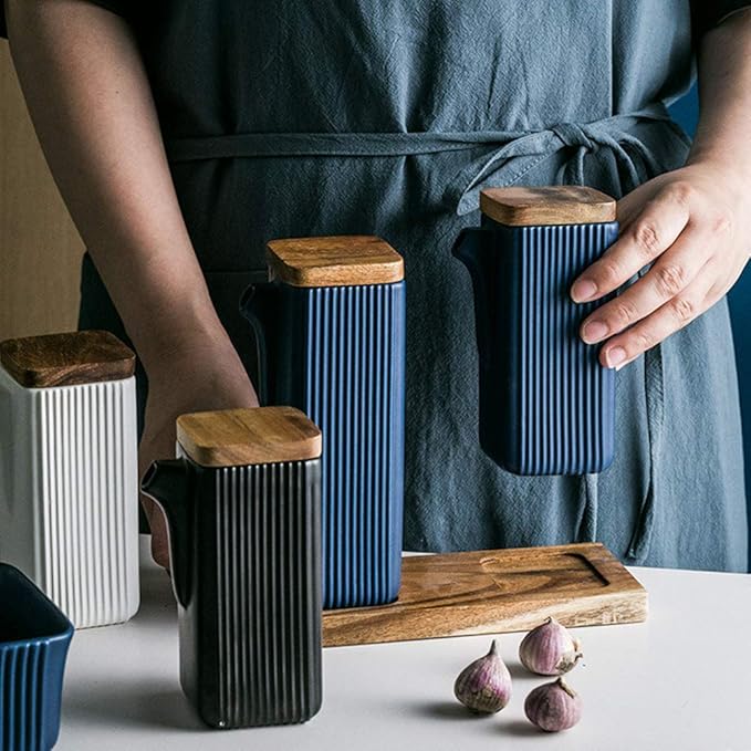 Ceramic Tabletop Liquid Condiment Dispenser, Modern Design for Oil or Vinegar, White